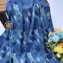 复古纯棉平纹牛仔条纹数码印花布手工diy印花缝纫花卉服装衣服