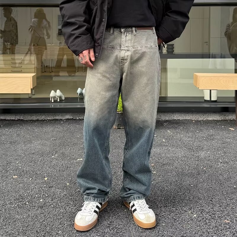 2024 American Style Gradient Washed Jeans Men's Street Fashion Brand Loose Straight Drop-off Casual High Street Retro Trousers