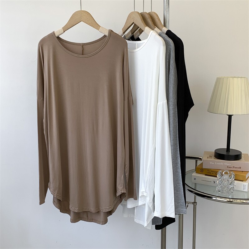 Modal Long-sleeved T-shirt Women's Summer Solid Color Round Neck Thin Sports Draped Loose Base Shirt plus size Trendy