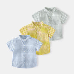 Summer soft and comfortable moisture-wicking plaid stand-collar short-sleeved fashionable outdoor casual style small and medium-sized boys' shirt