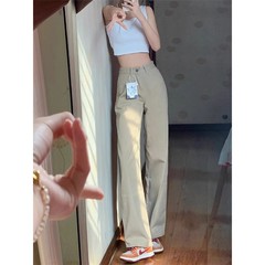 卡其色高腰直筒牛仔裤女潮流百搭美式遮肉显瘦宽松简约阔腿长裤子