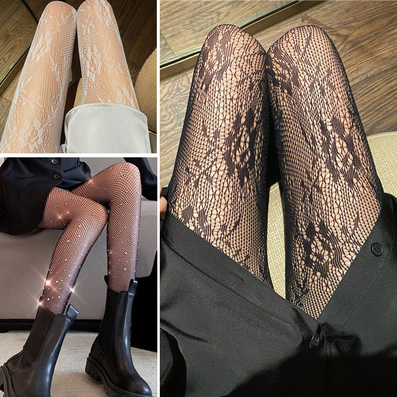 Hollow hot rhinestone rose heart stockings black and white stockings letters European and American plus size temptation ins bow fishnet socks