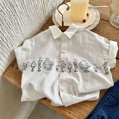 Children's Summer Pure Cotton Shirt 2024 Baby Cartoon Print Short Sleeve Middle Kids Collar Top Versatile Flower Open Shirt