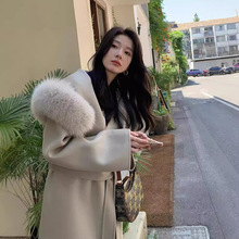 法式慵懒2025秋冬新款连帽双面羊绒大衣中长款狐狸毛领毛呢外套女