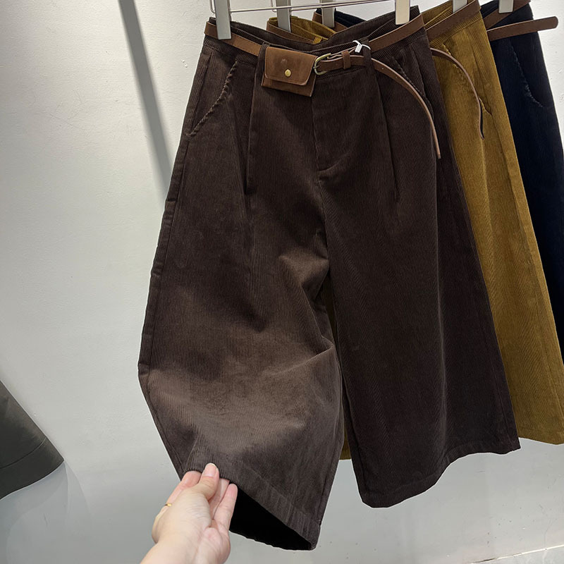 Foreign Trade Clearance~ Brand Surplus High-Waisted Solid Color Straight Wide-Leg Cropped Pants with Waist Bag Corduroy Casual Pants for Women