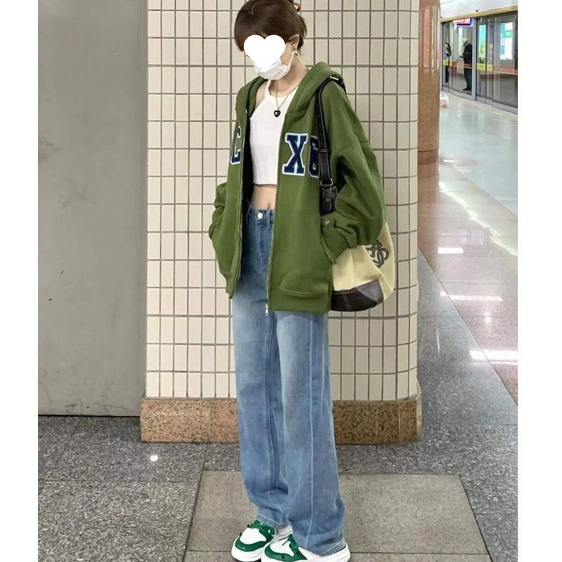 미국식 레트로 그린 스웨터 코트 여자 가을과 겨울 느슨한 캐주얼 올 매치 카디건 후드 야구 의류 INS 트렌디