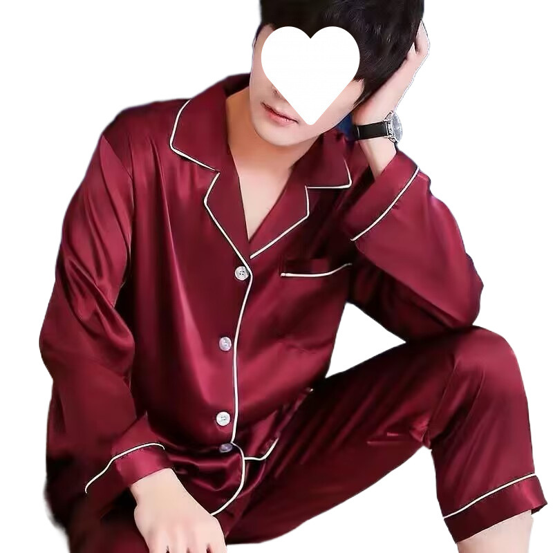 남성용 잠옷 봄, 가을 얼음 실크 긴팔 얇은 루즈 스타일 청년 및 중년 남성 잠옷 캐주얼 실크 가정복 세트