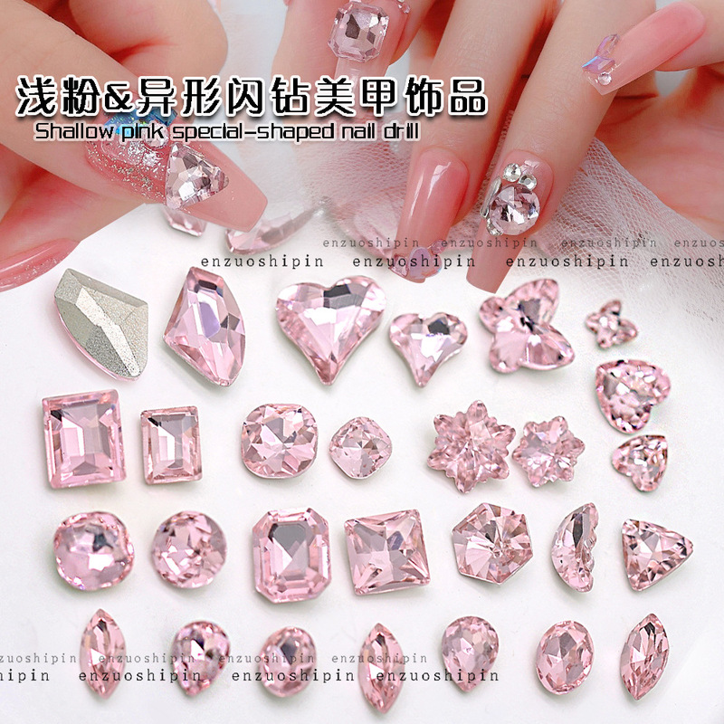 Internet celebrity girl pink pointed bottom lovely diamond nail accessories super shiny crooked peach heart multi-cut glass diamond crystal jewelry