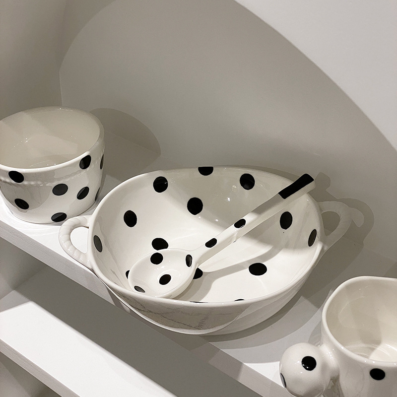 Classic Black and White Double-Eared Polka-Dot Soup Bowl Hepburn Style Ceramic Eating Bowl Cup Home One Person Eating Bowl Plate Set