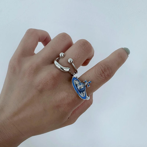 The Western Empress Sputnik Enamel Oil Texture Ring with Double Smile Inscription, Adjustable Finger Ring, Fashion Trend