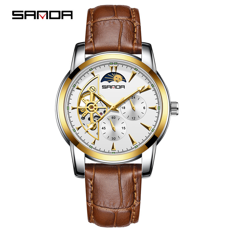 Sanda 7009 correa de acero para hombre reloj mecánico automático con 24 horas multifunción