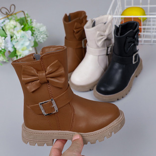 Foreign Trade Children's Leather Boots Girls Autumn 2023 New British Style Bow Dress Big Children's Belt Buckle Boots