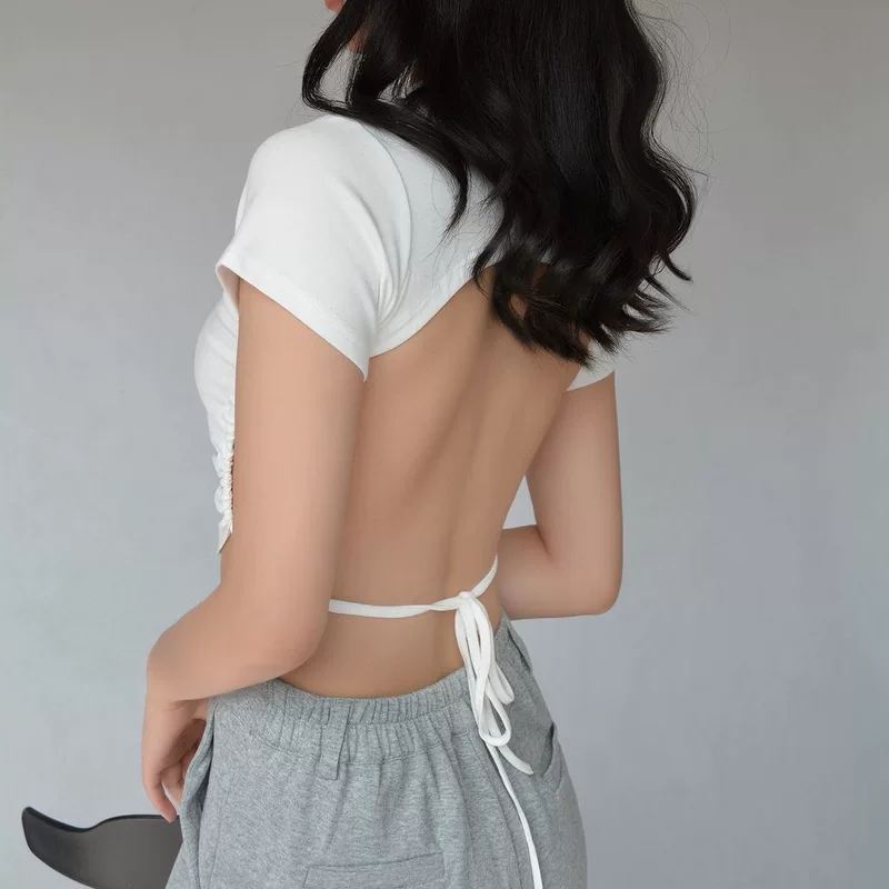 Backless T-Shirt (Autumn) — Tight Short-Sleeve Women's Crop Top, Tie-Back, M–2XL