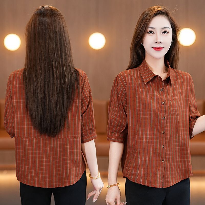 Short-Sleeved Plaid Shirt for Women in Summer, New Style for Middle-Aged Mothers, Age-Reducing Loose Slimming Shirt, Mid-Sleeve Style Top