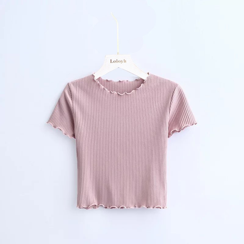 Verano camiseta de hielo de manga corta de punto de tela delgada de la mujer de cintura alta cintura corta ombligo de la clavícula delgada