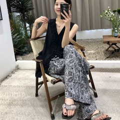 女性用コットンシルクカジュアルパンツ、夏用薄手コットンシルク9点ワイドレッグパンツ、プリント、自宅で着用可能、人工綿パンツ、プラスサイズ
