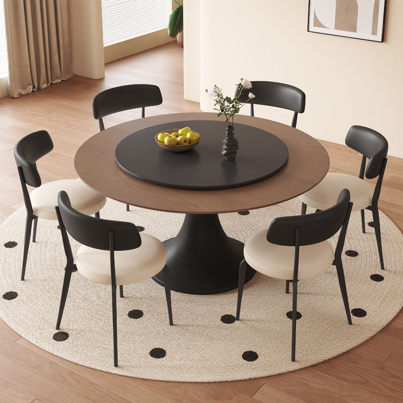 Solid Wood Slate Dining Table and Chair Combination, Antique-Style Restaurant Round Dining Table, Retro Round Table, All Solid Wood Rotating Dining Table