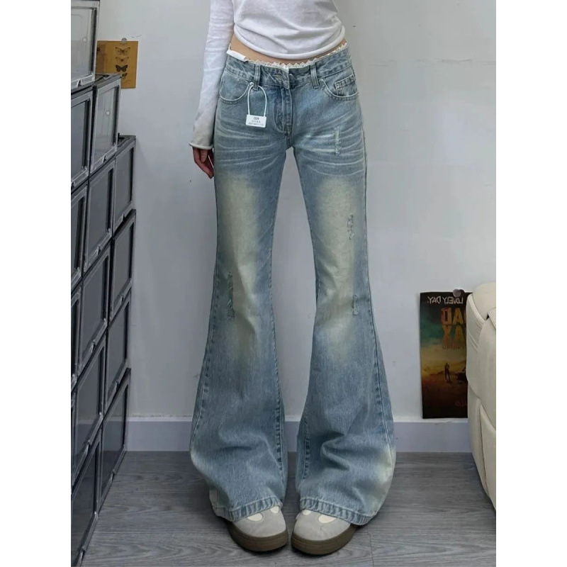 Light Blue Washed Bootcut Jeans for Women 2025 Autumn and Winter Lace Splicing Low-Waist Slimming Look Slim Flared Pants