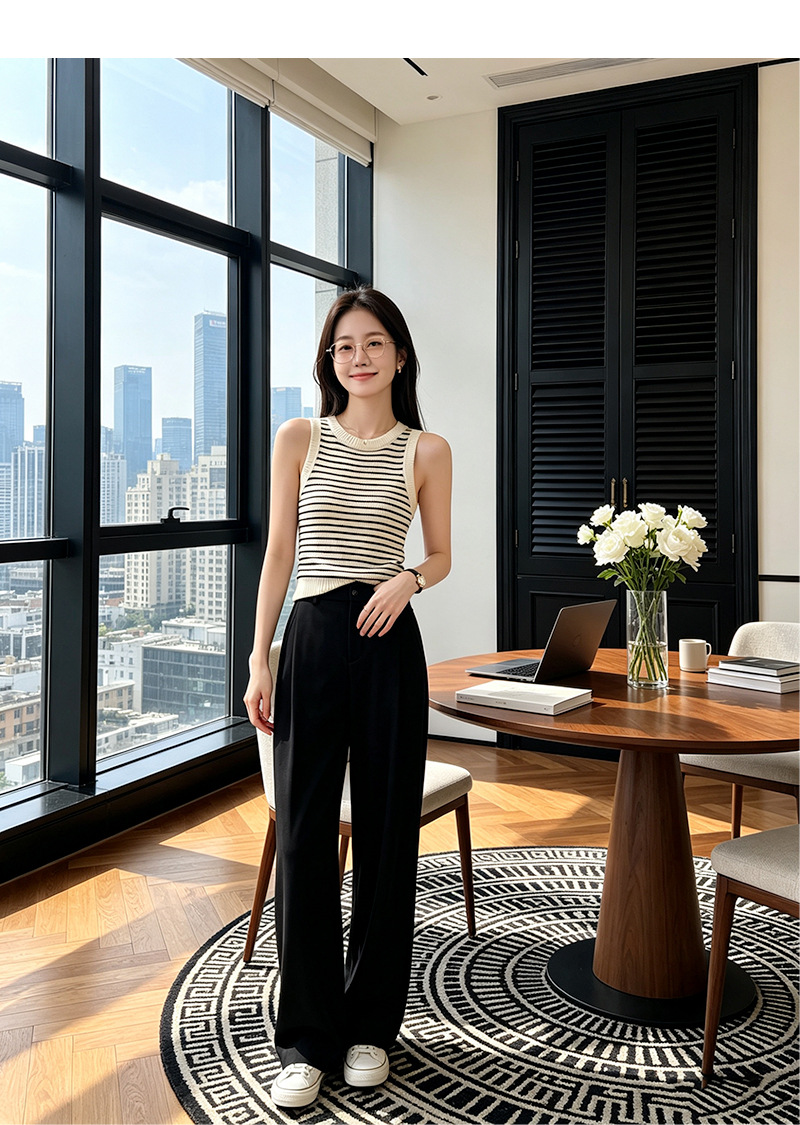 Quần tây nữ ống rộng cạp cao dáng suông, chất liệu mát mẻ chống nhăn, phù hợp đi làm mùa hè — Mát mẻ, rũ và chống nhăn - màu xanh lơ đen (cạp chun) chi tiết 26