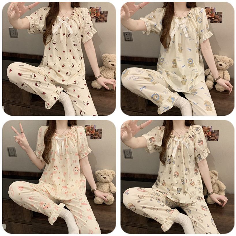 Ladies pajamas pijamas coreanos traje de verano para mujer pantalones de manga corta nube de dibujos animados algodón ropa de hogar se puede usar afuera