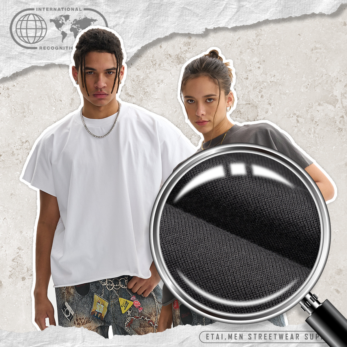ETAI Hombre| Algodón de alta calidad boxy camiseta corta ancha marca de moda masculina pesada en un lado suelto estilo de color sólido manga corta