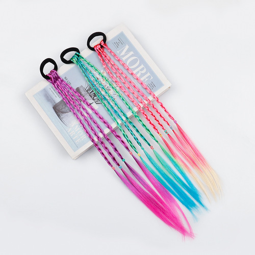 Children's wig for girls, ponytail fluorescent colored synthetic small braids, dance street dance hair tie small braids ponytail