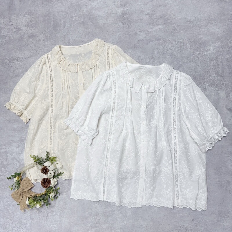 Japanese Style Lace Embroidered Short-sleeved Shirt Mori Style Sweet Full-body Embroidered All-match Slimming Summer New Style Small Fresh Thin