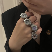 歐美時髦個性時尚小手表戒指手指表迷你時鍾可看時間新奇彈力指環