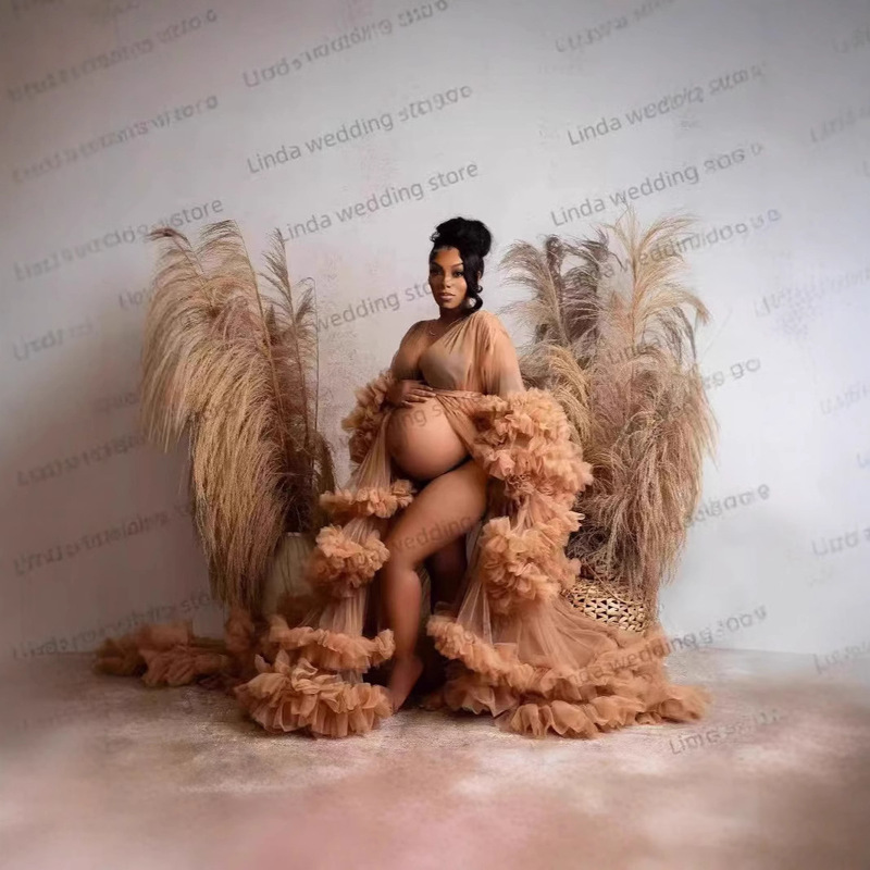 Light Brown Prom Dress Sexy V-Neck Ruffled Front Split Pregnant Photography Long Tulle Sleeve plus size Maternity Dress