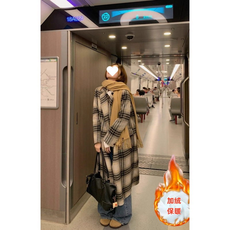 여성용 라펠 플레드 긴팔 윈드브레이커 재킷 겨울 기질 느슨한 중간 길이 상의 트렌디