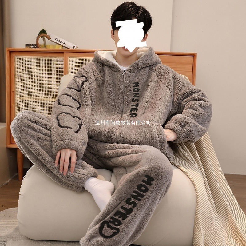 2025 New Coral Fleece Pajamas Men's Autumn and Winter Velvet Thickened Winter Teenage Boys Home Clothing Set