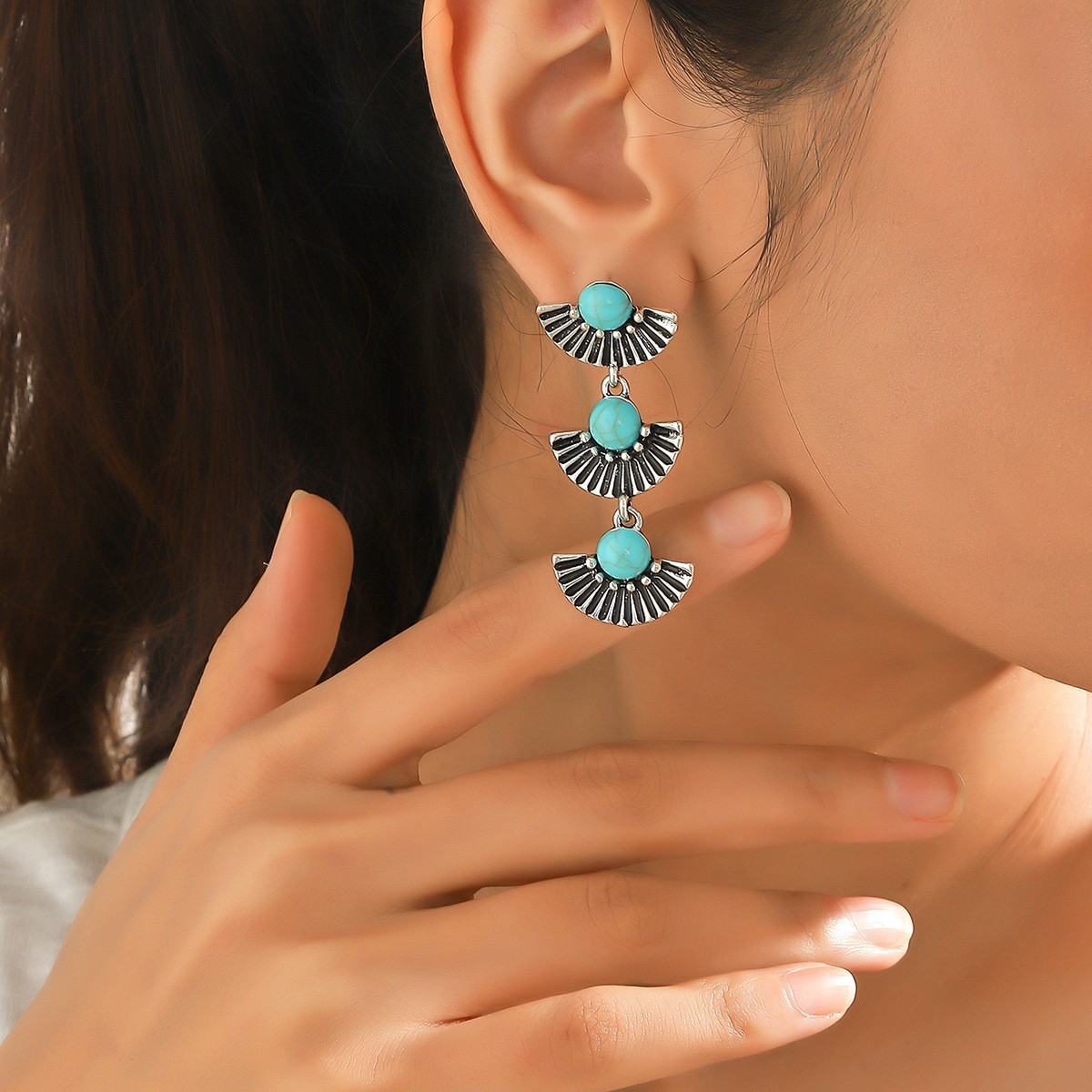 turquoise retro ethnic geometric earrings