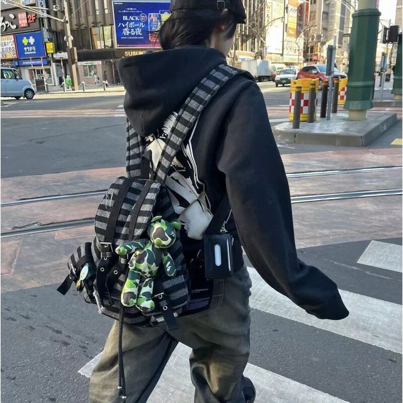 Newjeans Same Style Korean Backpack Niche Design Color Matching Stripes Functional Wool Backpack Casual Bag Newjeans Same Style Korean Backpack Niche Design Color Matching Stripes Functional Wool Backpack Casual Bag