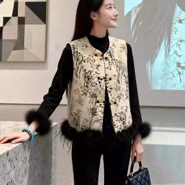 新中式提花夹棉马甲冬外穿女洋气高端独特可拆卸毛毛边拼接马夹潮