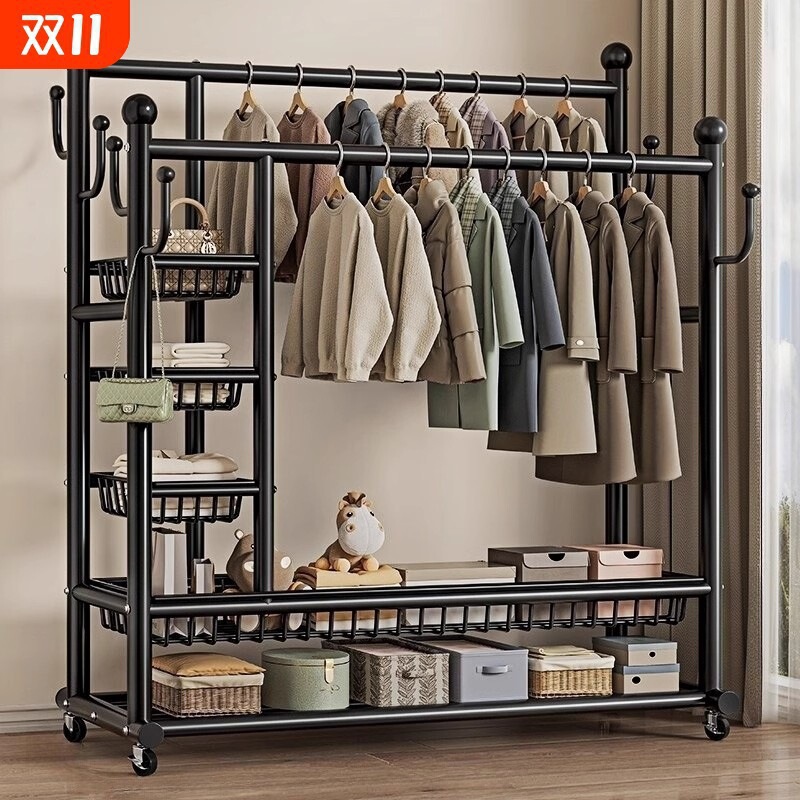 Extra-Thick Double-Rod Movable Dormitory Coat Rack, Extra-Thick Clothes Rack, Floor-Standing Household Bedroom Balcony Clothes Rack, Simple Design