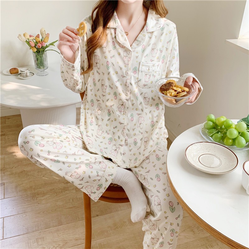 Fábrica directa primavera / otoño / verano meses pijamas embarazadas cardigans de manga larga con la solapa de dibujos animados ropa de alimentación set