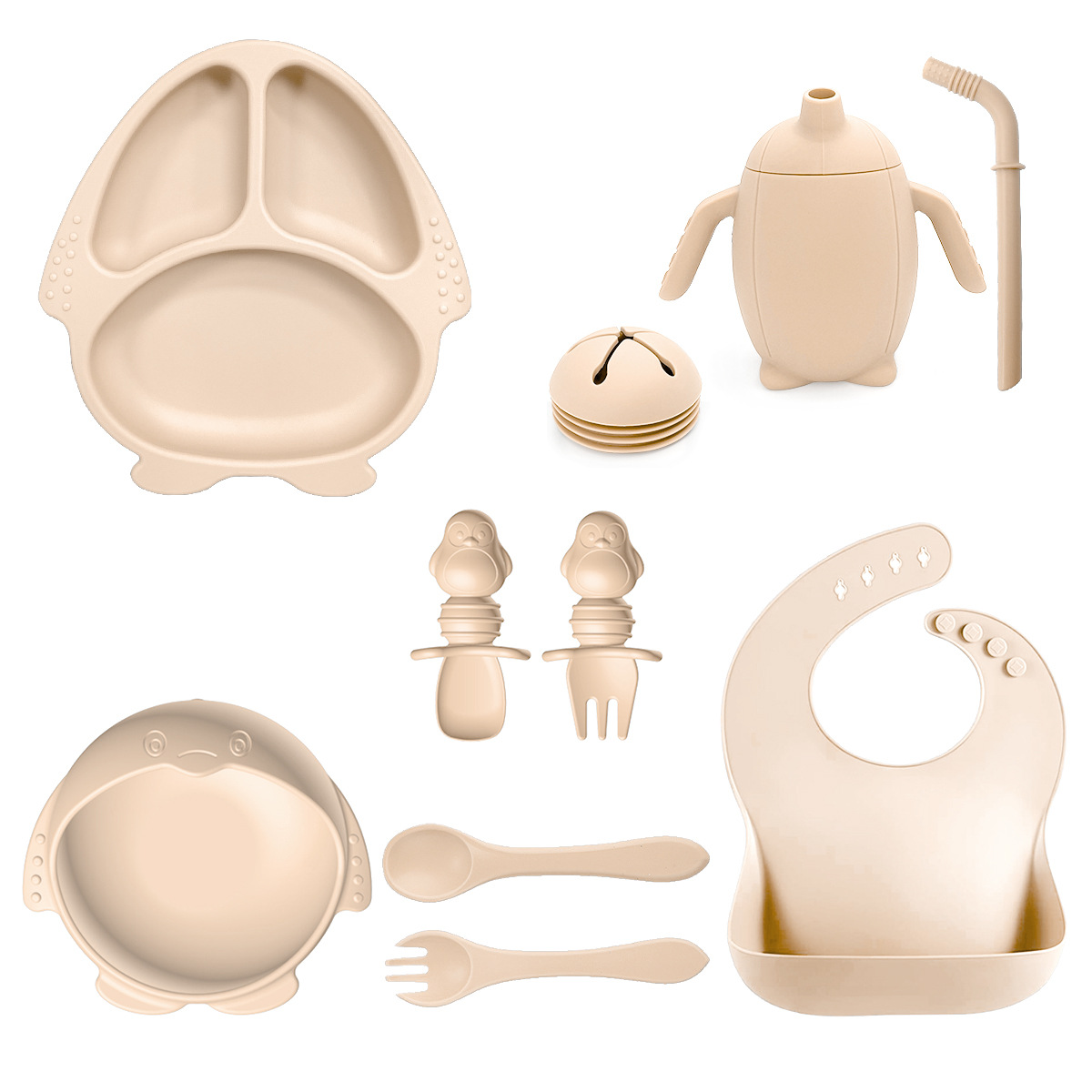 2024 nuevos productos para niños platos de silicona cubiertos suplemento platos cucharas pingüino platos de ocho piezas conjunto de suministros para madre y bebé