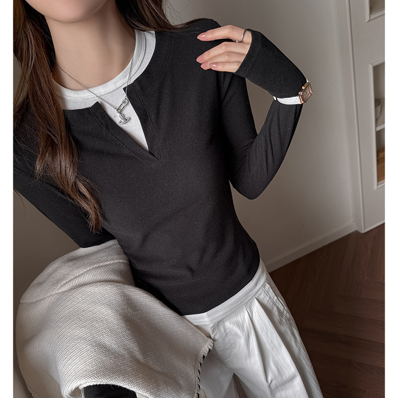 Tencel Lyocell Two-in-One Long-Sleeve T-Shirt for Women, Early Autumn Korean Style Simple Contrast Color Slimming Base Shirt