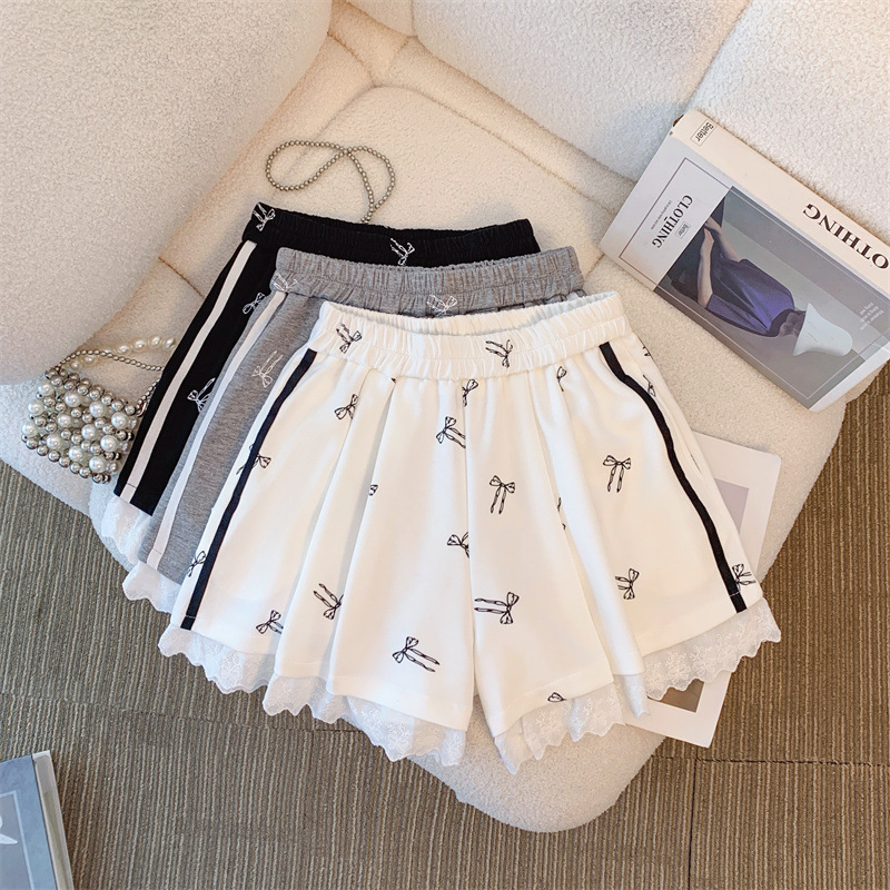 260g Rayon Air Layer Bow Splicing Lace Shorts Sweet Casual Elastic Waist Loose Wide Leg Pants