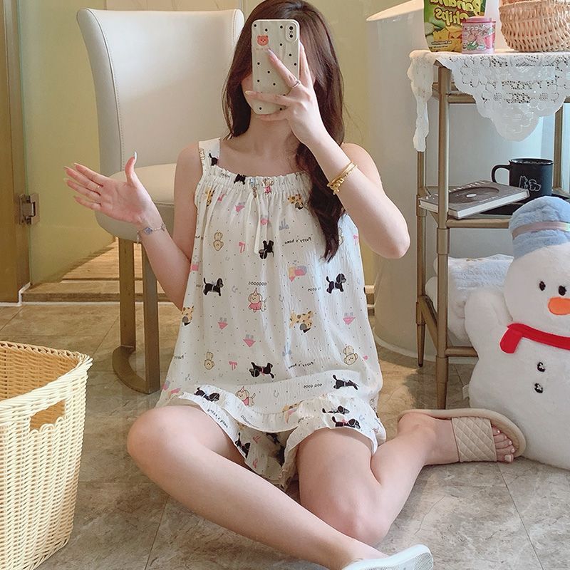 Venta al por mayor transfronteriza verano nuevo estilo tirantes pantalones cortos pijamas mujer nube algodón creativo lindo estampado ropa para el hogar se puede usar afuera