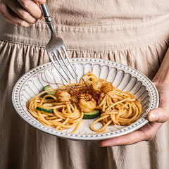 French vintage matte petal embossed ceramic plate for Western-style pasta, home use, serving plate, soup plate, dessert salad plate, tableware