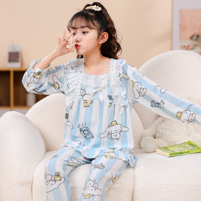 Pijamas infantiles primavera y otoño delgada espuma tela arrugada ropa para el hogar niñas dibujos animados aire acondicionado ventilado ropa de verano