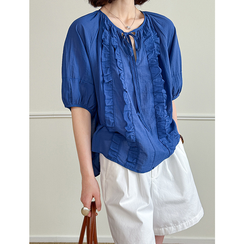 Tangerine Zhi New Summer Style Loose Slimming Look Lace Splicing High-End Heavy Industry Strappy Shirt for Women 5493