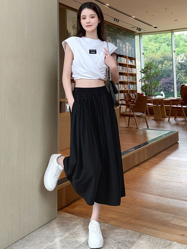 Yamamoto Half-Culottes Women's Summer New High Waist Wide Leg Loose Dose Slim Look Thin Casual Half-length A- line Pants