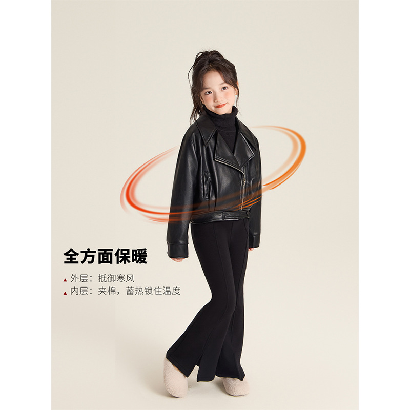 AMYBABY GIRLS TOP WINTER 2024 새로운 스타일 올 매치 원피스 칼라 퀼트 짧은 가죽 코트