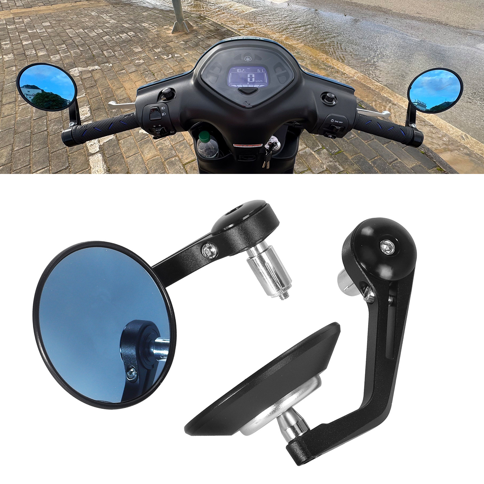 Motorcycle Cnc Retro High-Definition Handlebar Mirror, Blue Modified Cruise Bike Handlebar Mirror, Rearview Mirror, Aluminum Alloy Reflective