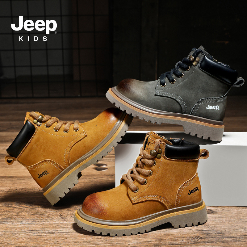Jeep Children's Martin Boots with Fleece Lining for Boys and Girls, Spring and Autumn Models, 2025 Autumn Large Yellow Boots, Autumn and Winter Waterproof Double Cotton