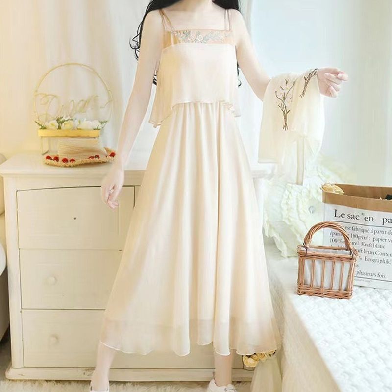Hanfu women's dress 2026 summer vintage-style improved daily wear suspender dress chiffon cardigan Han-element two-piece set