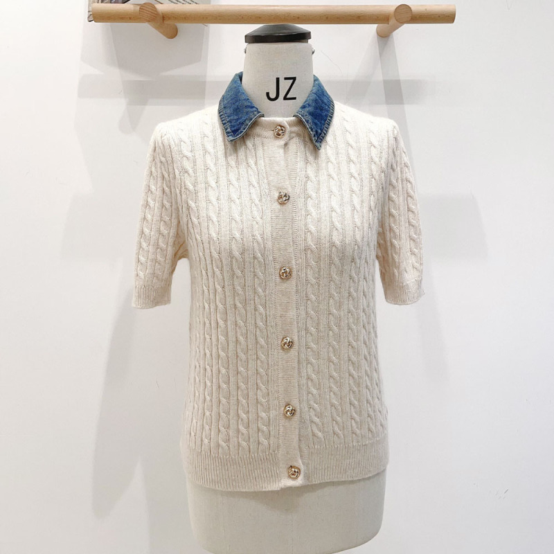 S brand 2025 early autumn women's clothing, detachable denim collar knitted short-sleeve versatile commuter single-breasted cardigan top for women