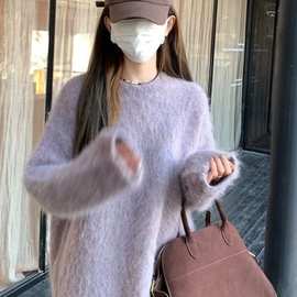 韩版水貂绒圆领套头中长款毛衣女秋冬季软糯加厚外穿水貂毛针织衫